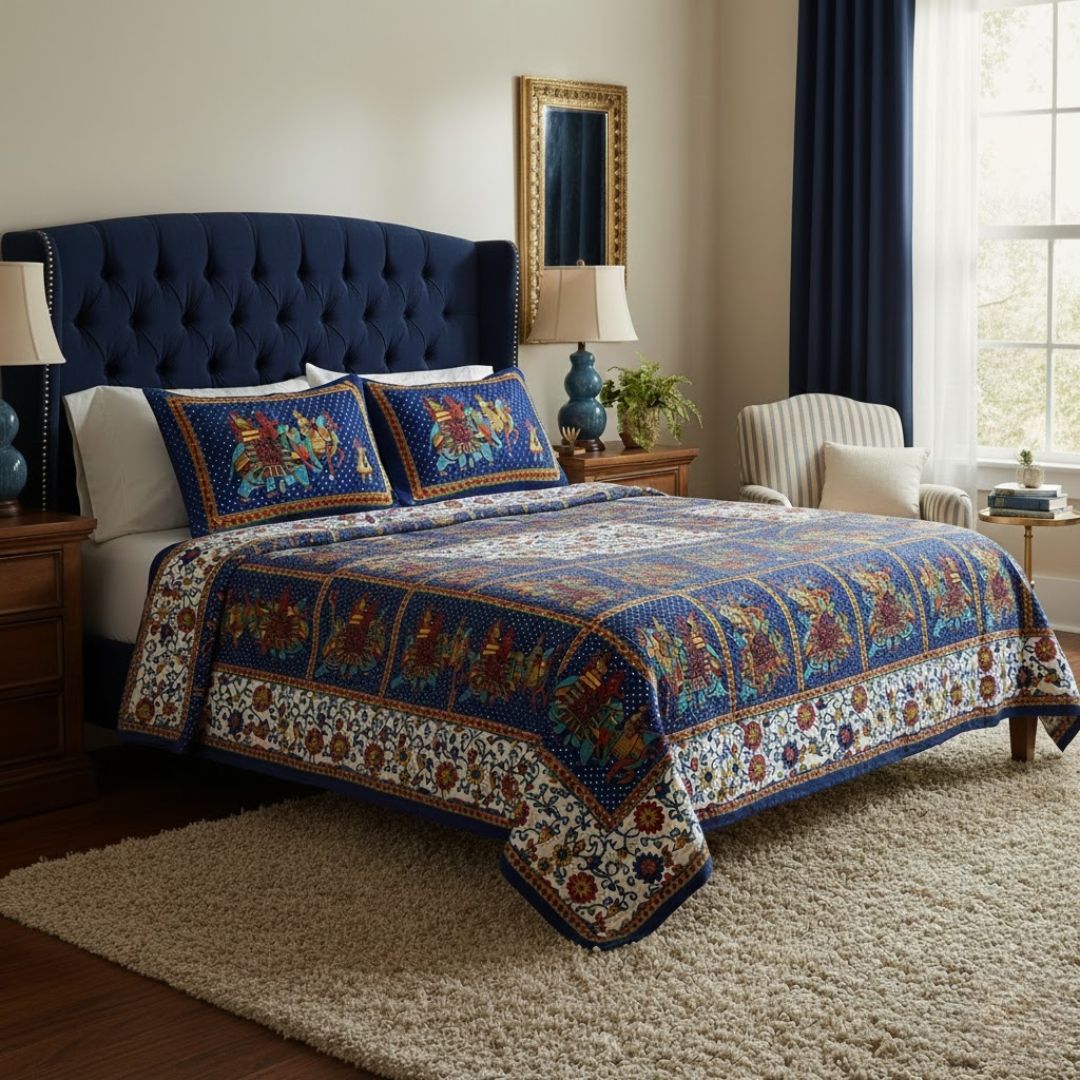 Blue Border Big Elephant Printed Cotton Double Bed Sheet
